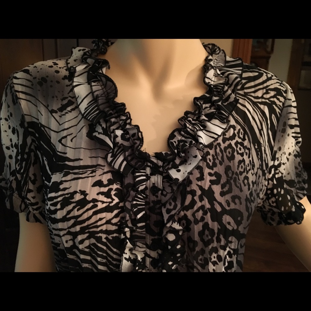 Short sleeve sheer button down ruffle blouse